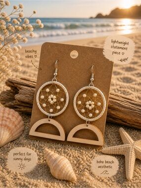 Hand Crafted Beige and White Boho Dreamcatcher Dangle Earrings